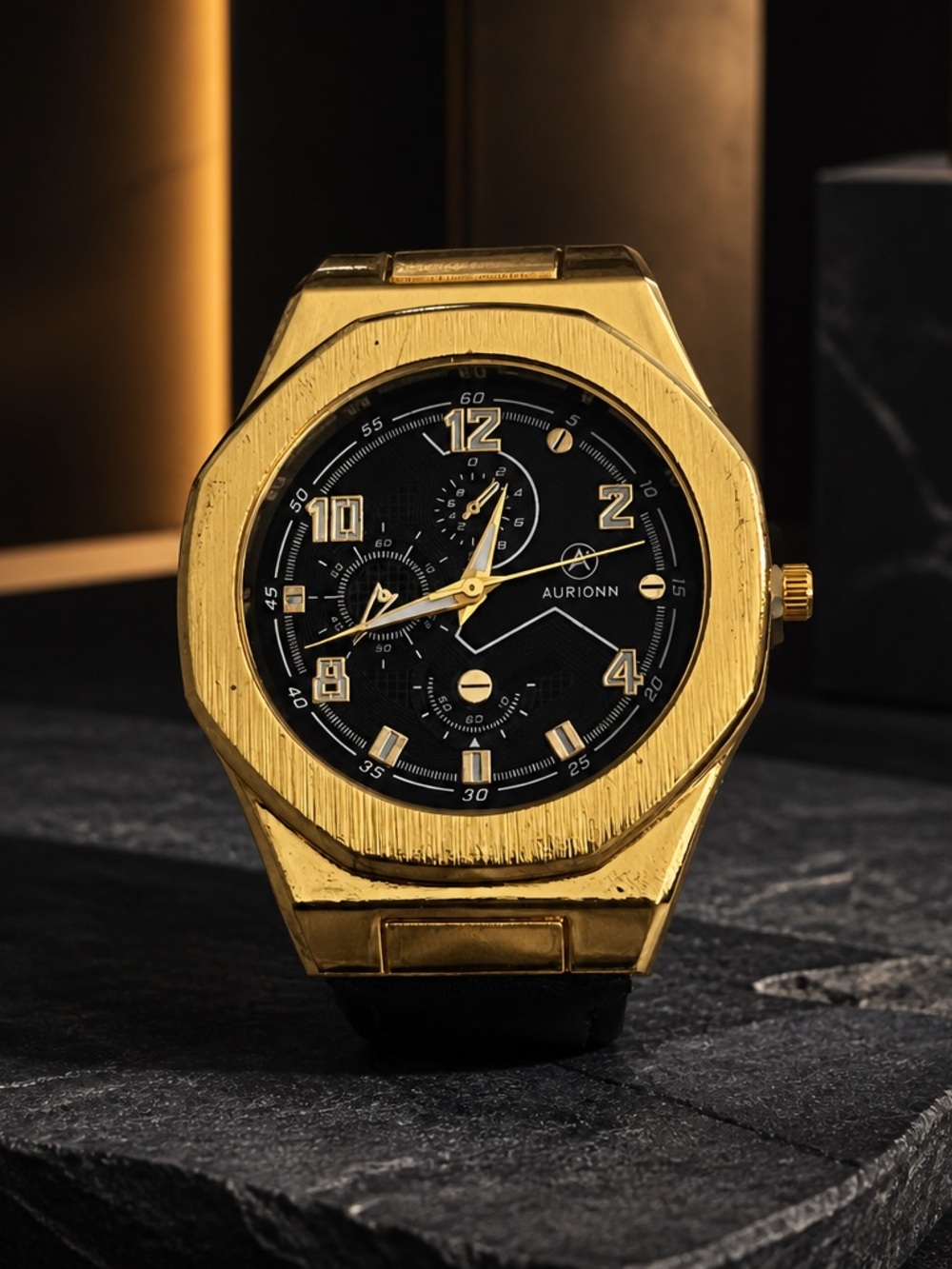 AURIONN Gold-Tone Chronograph Watch with Black Dial 42mm Case